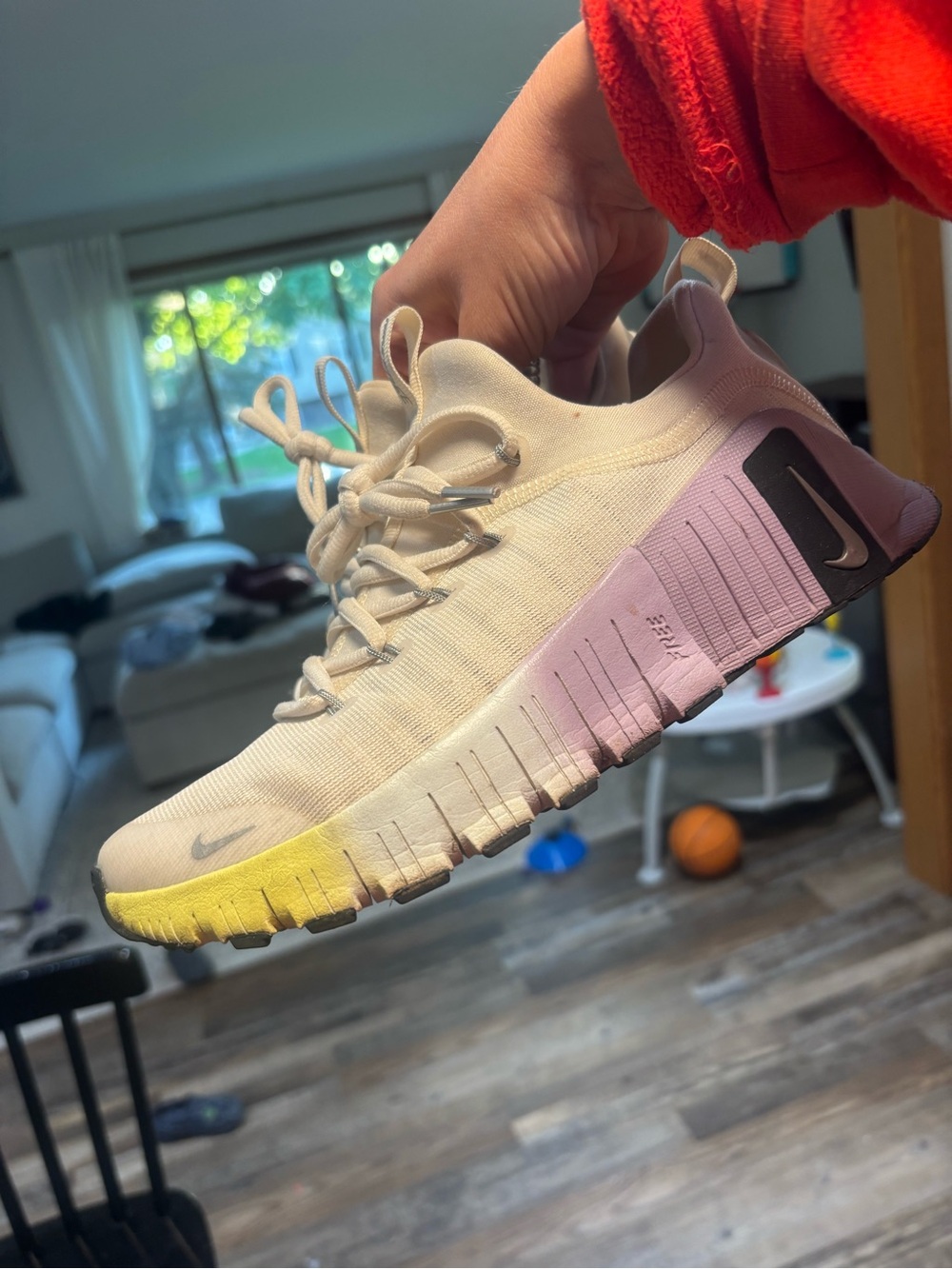 Nike Women's Cream Knit Running Shoe with Yellow-to-Pink Gradient Sole (Metcons)